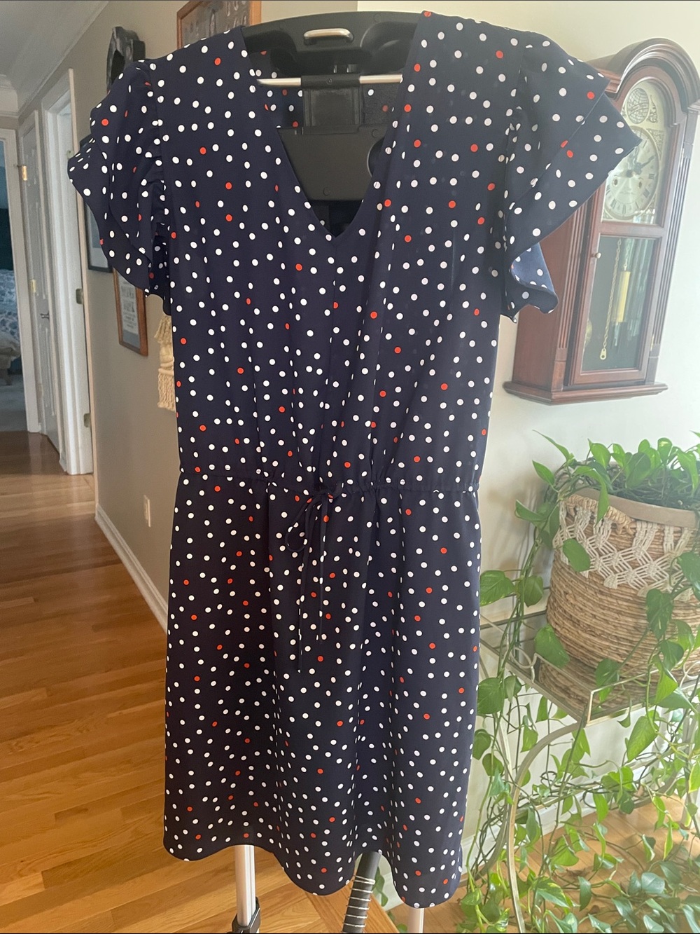 Maison Jules Navy Midi Dress with White & Orange Polka Dots